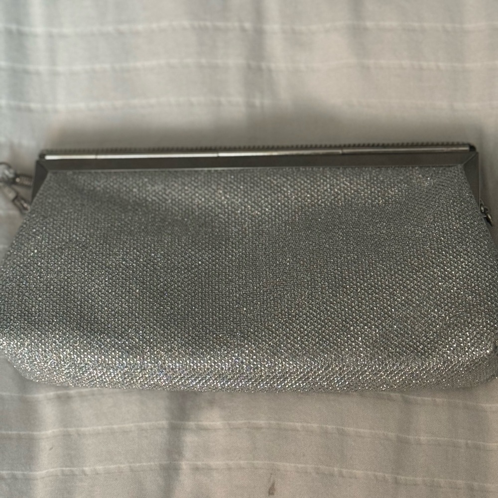 Nina Silver Glitter Clutch Evening Bag Wedding Formal Chain Strap - Picture 7 of 9